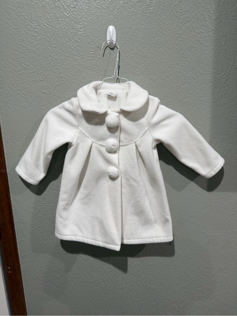 Girls' White Fleece Peacoat with Pom Buttons Size 24 Months EUC